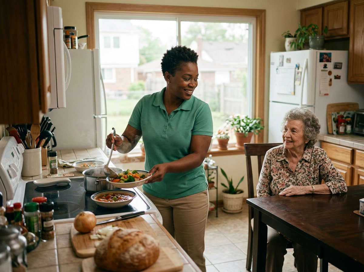 Helper assisting senior in kitchen